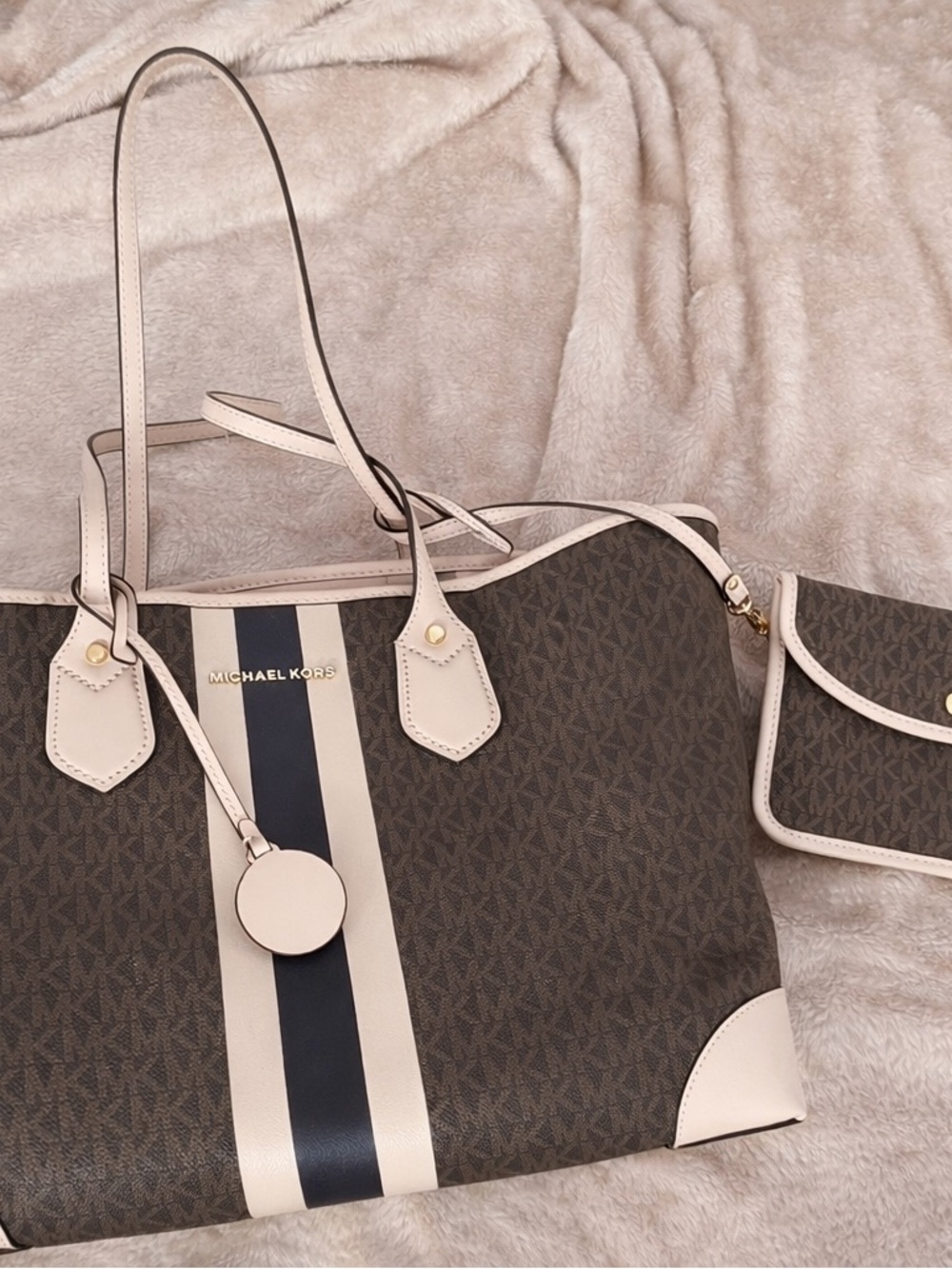 Michael Kors Women's Brown Logo Tote with Cream & Black Stripe